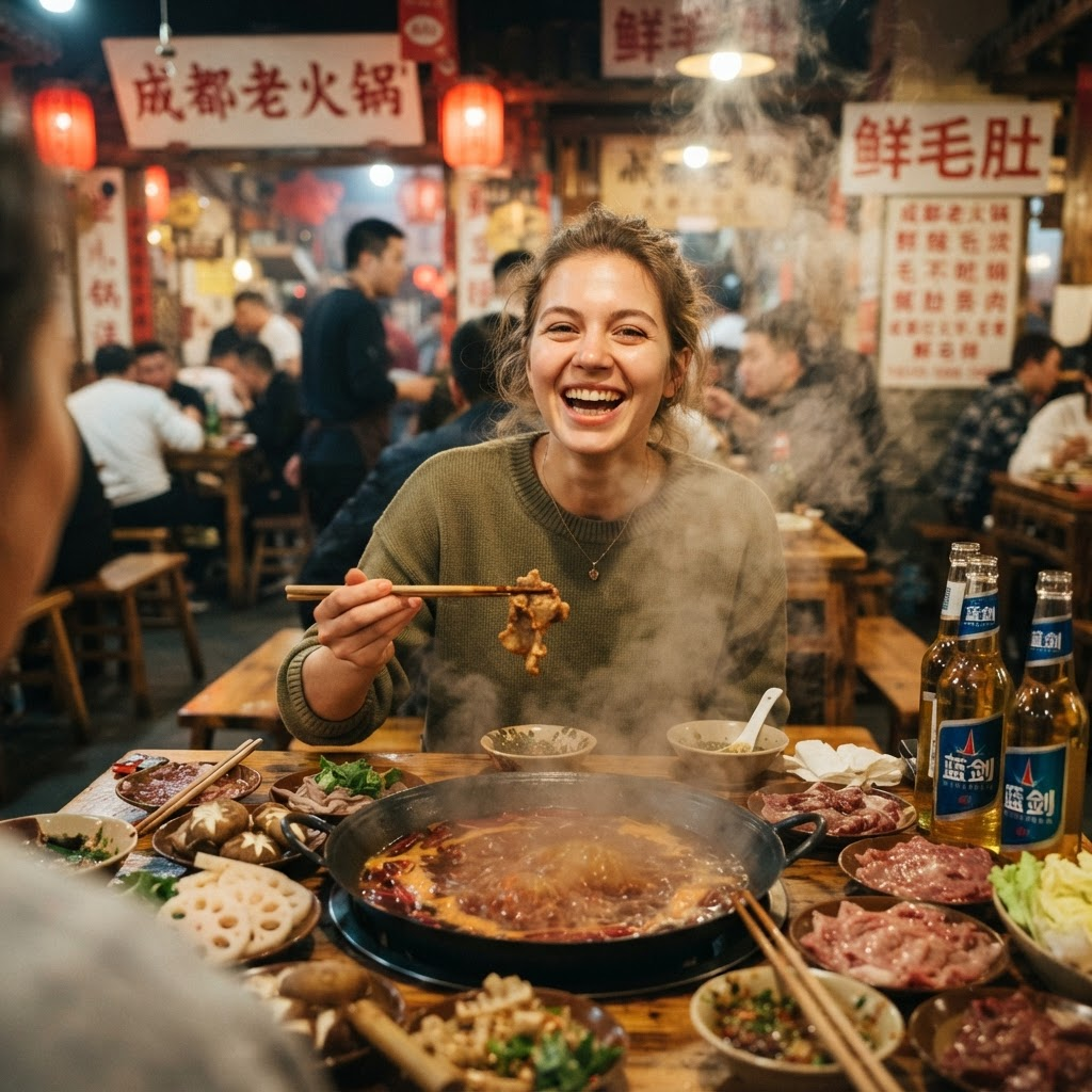 一位俄罗斯女生在成都火锅店里开怀大笑