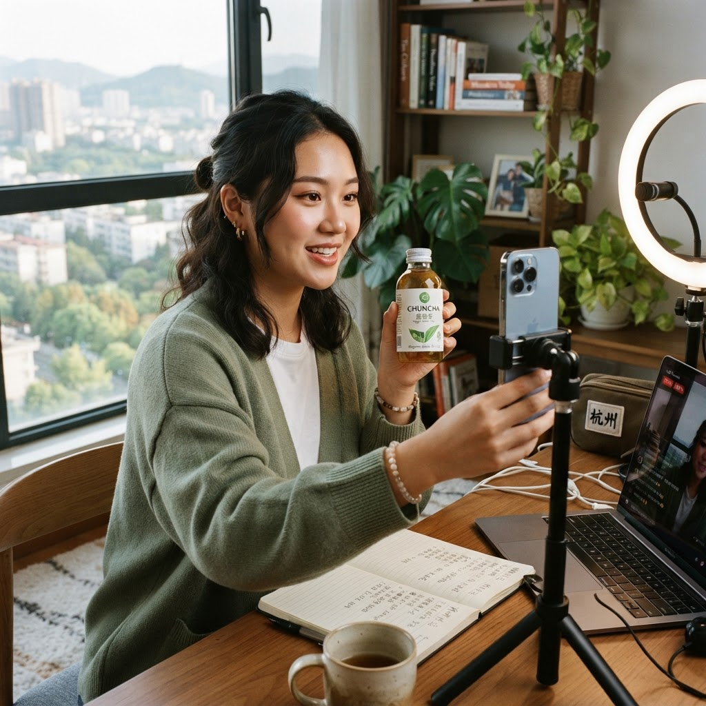 一位女生在杭州公寓里对着手机直播介绍茶叶